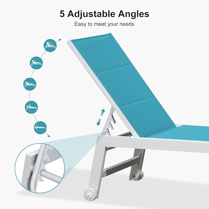 PURPLE LEAF Outdoor Oversized Chaise Lounge Set for Tall & Strong Individuals Adjustable Recliner Extra Wide Lounge Chairs with Side Table for Poolside Beach Patio Aluminum Chaise Lounger Blue 2 Sets