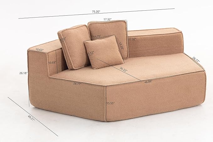 EPOFIT 1-Seater Teddy Fleece Modular Sofa Chair, Low-Profile Floor Seat with Wide Cushion and All-Foam Support, Left-Facing Design, Compressed Packaging – Brown