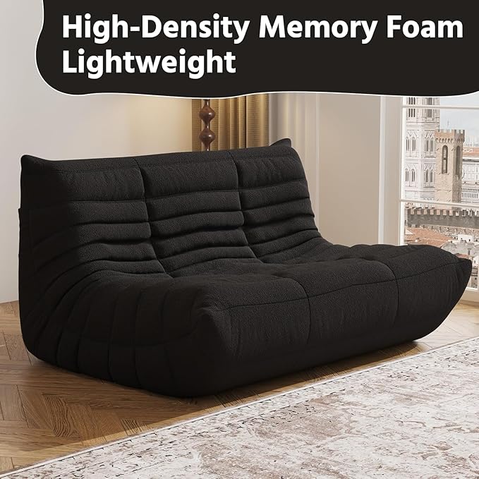 Bean Bag Chair Lazy Floor Sofa, Giant BeanBag Fireside Chair with Memory Foam Filled, Soft Bean Bag Comfy Couch for Teens Adults, Non-Slip Base Lounge Chair, Living Room, Bedroom (Black, Loveseat)