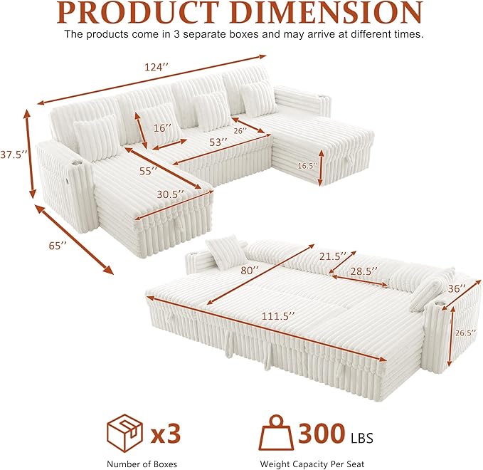 124" Sectional Sleeper Sofa with Pull Out Bed, Comfy Fluffy Plush Corduroy Cloud Sectional Couches for Living Room, U Shaped Modular Couch with Storage Chaise, Cup Holder & USB Charger, Beige
