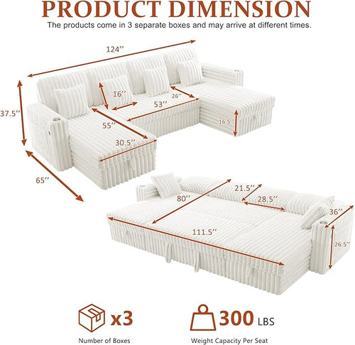 124" Sectional Sleeper Sofa with Pull Out Bed, Comfy Fluffy Plush Corduroy Cloud Sectional Couches for Living Room, U Shaped Modular Couch with Storage Chaise, Cup Holder & USB Charger, Beige