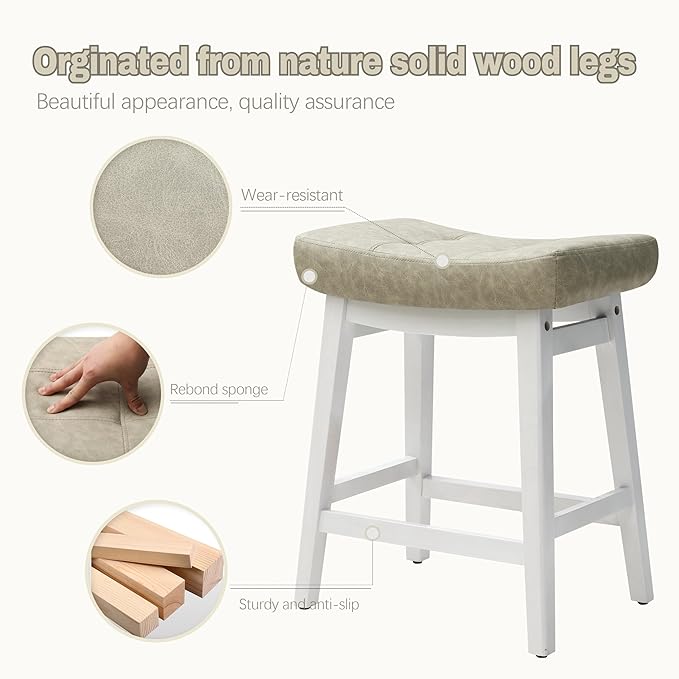 RNKSFX Counter Height Bar Stools Set of 4 for Kitchen Counter Farmhouse Modern Barstools with Faux Leather Upholstered Backless Seat and Solid Wood Legs 24 inch Bar Chairs, Light Grey + White