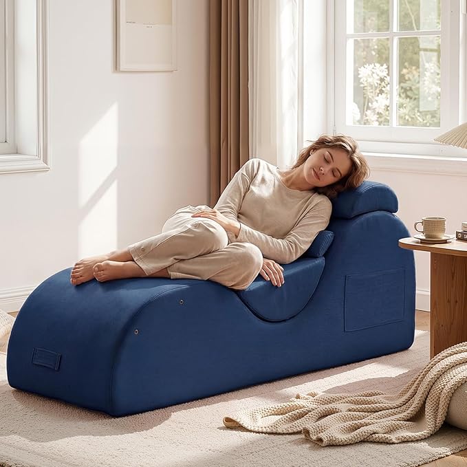 Yoga Chaise Lounge Chair, S-Shaped Floor Sofa with Moveable Headrest, Lumbar Pillow, Support Cushion, Footrest, Non-Slip Base, No-Assembly Lounger for Stretching, Meditation & Relaxation (Blue)