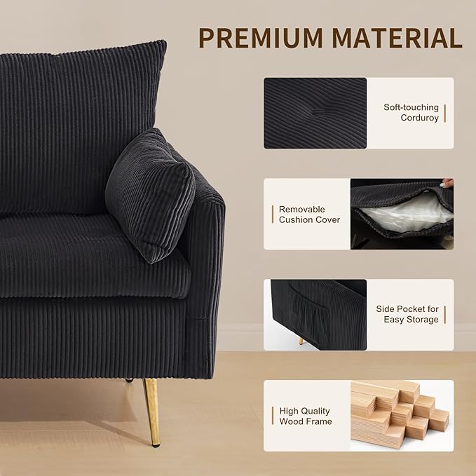 Furnimart 3-Seater Storage Sofa and Couch, Corduroy Loveseat with Accent Single Chair, Small Living Room Furniture Set for Apartment, Tiny Homes and Lofts, 2PC-Black
