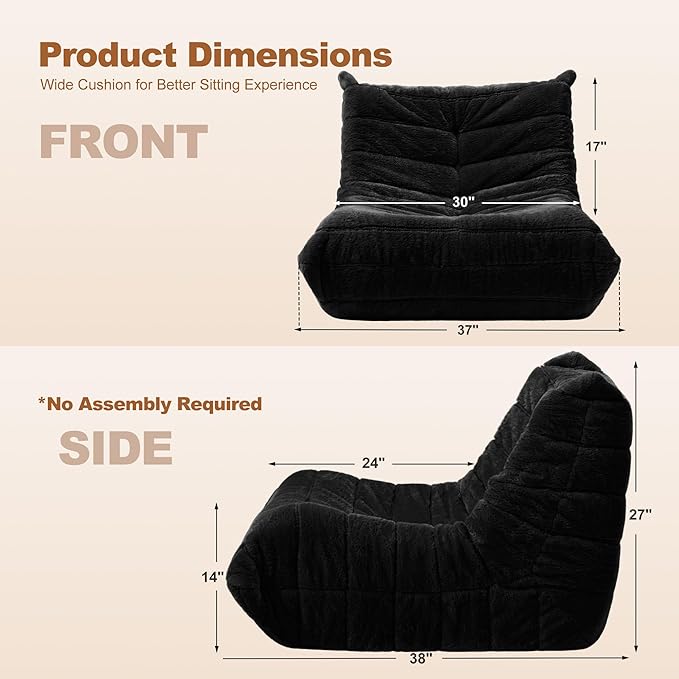 Bean Bag Chair Big Sofa Beanbag Chair for Adults Fireside Chair Bean Bag Lounger with Memory Foam Filled for Home,Apartment or Gaming Venue(Black Plush)