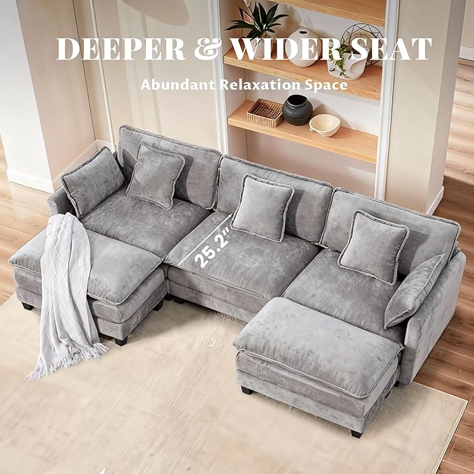 SoarFlash 113.78" Chenille Sectional Sofa, Comfy U Shaped Modular Coush Sofa with Ottoman, Modern 4 Seat Couch Deep Seat Sofa Set for Living Room,Grey