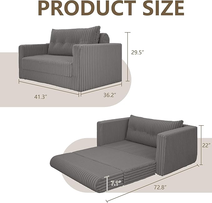 HABUTWAY Folding Sofa Bed, 2 in 1 Convertible Sleeper Chair with Pillow, Portable Fold Out Chair Bed with Armrest, Comfy Floor Couch, Lazy Sofa for Living Room Bedroom Dorm Home Office, Grey