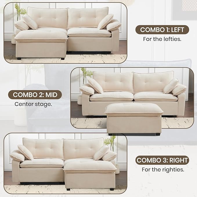PALLOME 82" Deep Seat Comfy Cloud Couch, Modular Sectional Sofa with Movable Ottoman, L Shaped Chenille Sofa for Small Space, Modern Apartment Living Room & Office (Beige, 2-Seat + Ottoman)
