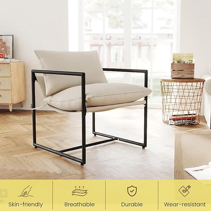 Kromax Sling Accent Chair, Cozy Living Room Chairs, Square Metal Frame, Upholstered Soft Cushion, Sponge, 28" x28“x32, Easy Assembly, Beige