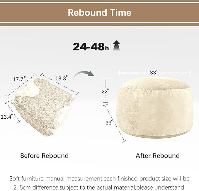 Bean Bag Chairs for Adults - Memory Foam Furniture BeanBag Chair - Kids/Teens Sofa with Soft Micro Fiber Cover - Round Fluffy Couch for Living Room Bedroom College Dorm - 3 ft, Ivory