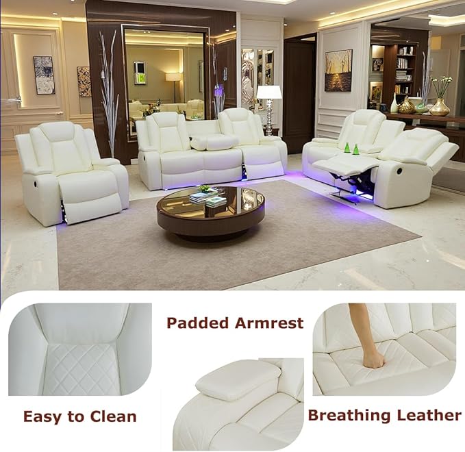 Toseslo Power Leather Recliner Chair Set with LED Light, Leather Reclining Set, Living Room Furniture Sets, Modern Power Recliner Sets for Living Room/RV/Apartment(Creamy White)