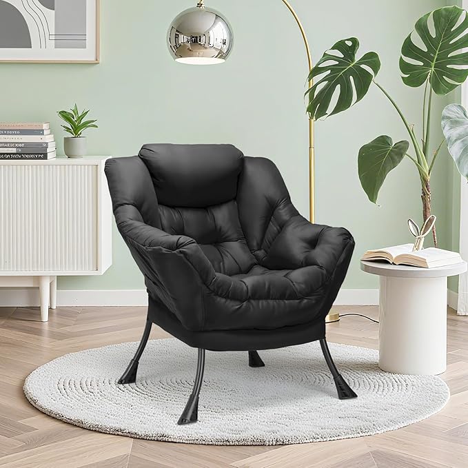 TLSUNNY Lazy Chair, Modern Comfy Lounge Accent Chair, Large Sofa Armchair with a Side Pocket, Leisure Reading Chair for Bedroom, Living Room, Dorm (Black)