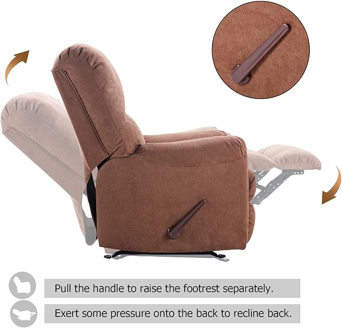 CANMOV Rocker Recliner Chair for Adults,Manual Recliner Chair with Overstuffed Backrest and Armrests, Soft Fabric Manual Rocking Reclining Sofa for Living Room,Brown