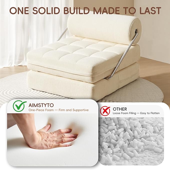 4-in-1 Folding Sofa Bed, Easy Assembly Chenille Boneless Couch, Convertible Sleeper Chair with Back Support, Small Floor Futon Sofa for Living Room & Bedroom, Single(Beige)