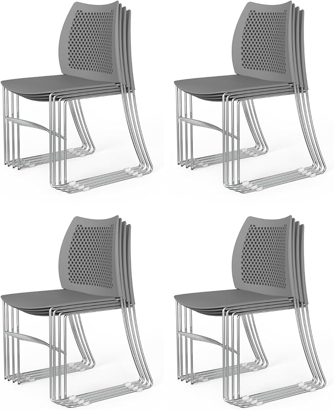VINGLI Stacking Chairs Set of 12 Stackable Office Chairs with Metal Sled Base, Ergonomic Plastic Seat & Holes Back, Stacking Chairs for Waiting Room Break Room Banquet Guest, Grey