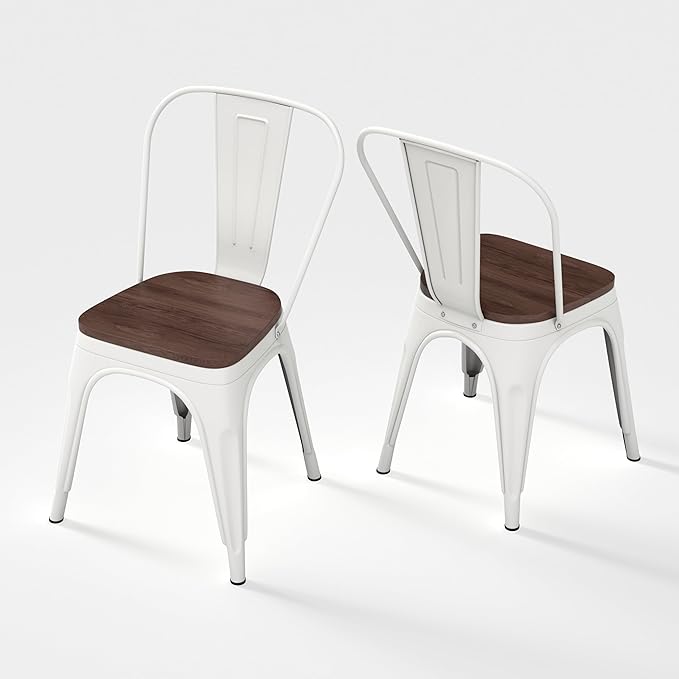 Metal Dining Chairs Set of 2,Stackable Tolix Chair Indoor/Outdoor for Kitchen,Cafe,Restaurant,Bistro & Patio Multiple Colors with High Backrest and Wood Seat(White)