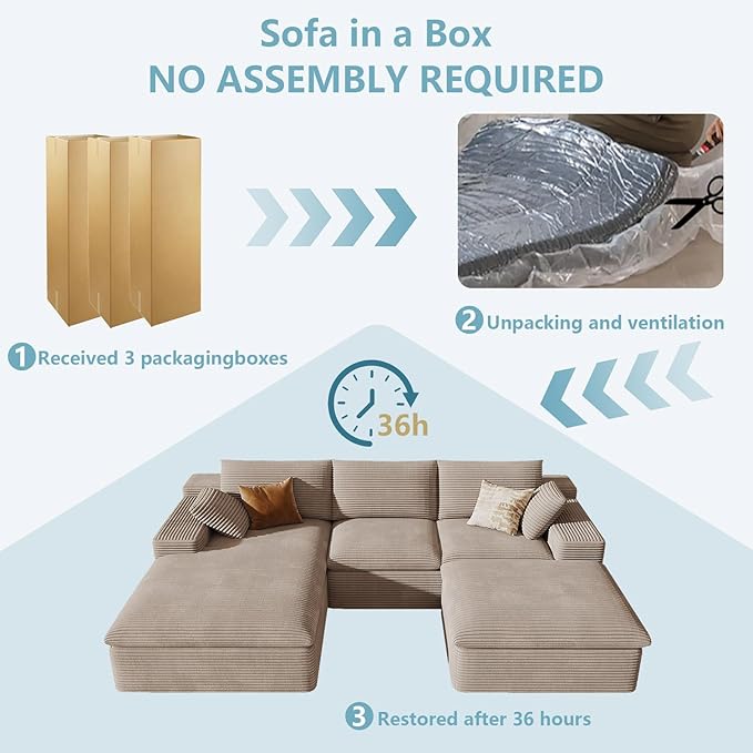 107" Cloud Sectional Couch with U-Shaped Chaise,Corduroy Viral Boneless Sofa with Ottoman,Memory Foam Couches in a Box with Deep Seat for Living Room,No Assembly Required (Camel,Left-Facing Chaise)