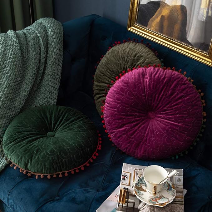 vctops Velvet Soft Round Chair Pads Cute Gradient Pom Pom Indoor Dining Chairs Cushion (Purple, Diameter 16")