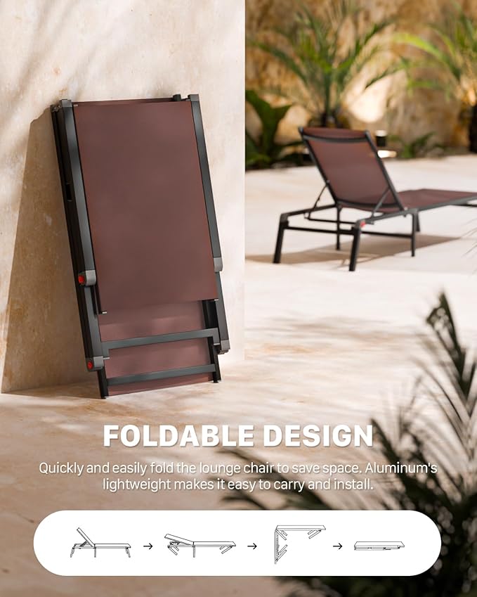 Aluminum Chaise Foldable Patio Lounge Chair Outdoor, Metal Deck Lounger Adjustable 5-Position Recliner Pool Chase Breathable Full Flat Outside Sun Tanning Chairs for Beach/Poolside/Lawn(Brown, 2 Pack)