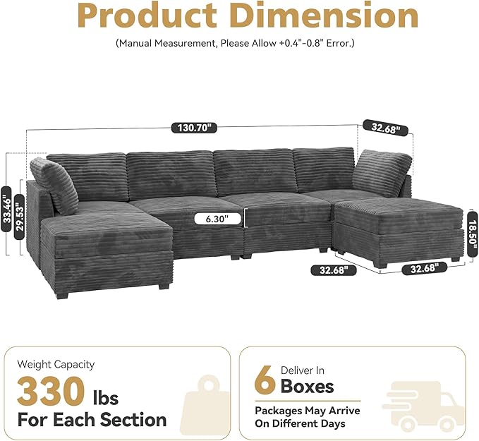 CAODOC Large 6 Seat Modular Sectional Sofa with Ottoman Seat Corduroy Sleeper Sectional Sofa Bed Oversized Convertible Modular Couch for Living Room