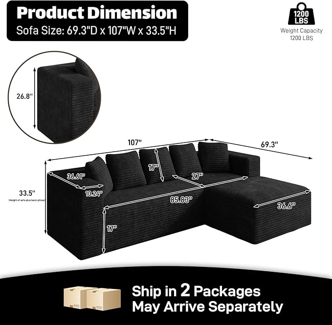 Modular Sectional Sofa, 107" L Shaped Cloud Couch Plush Corduroy Deep Seat Boneless Sofas with 5 Pillows Long Chaise Lounge Couches Memory Foam for Living Room - Black, Right Facing Chaise