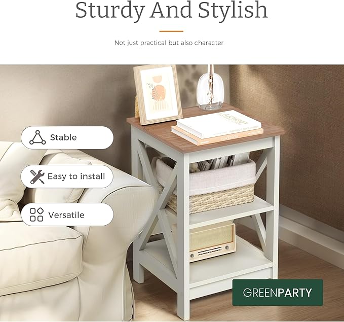 GREEN PARTY End Tables Living Room Set of 2,Side Tables with 3-Tier Storage Shelf, Small Nightstand for Bedroom, Wooden Frame,Small Coffee Table,Ivory White