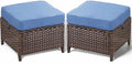 ACTREST Patio Ottoman Outdoor Wicker Side Table - 2PCS Multipurpose Heavy Duty All-Weather Brown Rattan Extra Seating Bench Footrest Footstool for Garden Back Porch Poolside Apartment - Navy Blue