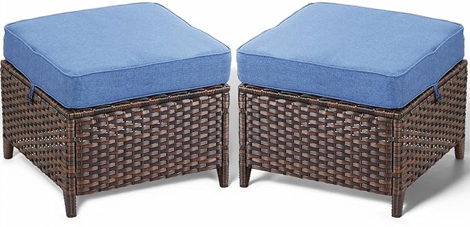 ACTREST Patio Ottoman Outdoor Wicker Side Table - 2PCS Multipurpose Heavy Duty All-Weather Brown Rattan Extra Seating Bench Footrest Footstool for Garden Back Porch Poolside Apartment - Navy Blue