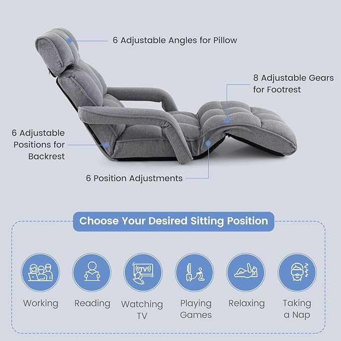 DORTALA Foldable Lazy Floor Sofa, Indoor Chaise Lounge Sofa, 6-Position Folding Padded Lounger Bed with Adjustable Armrest, Backrest and Footrest for Living Room, Bedroom, Office, Gray