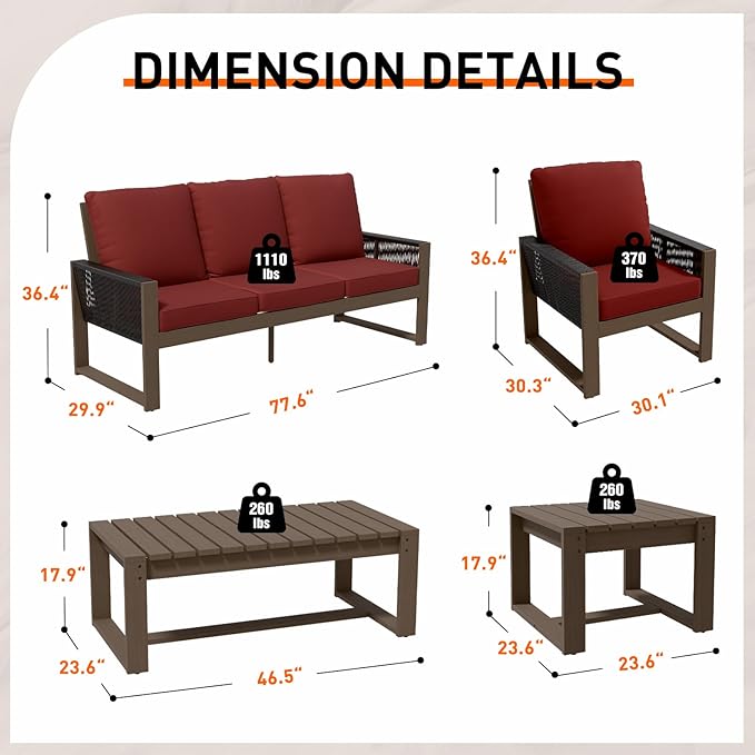 INTER HUT Rustic Hideaway Natural Cedar Wood Outdoor Furniture Set, Wicker Patio Conversation Set for Porch Garden Backyard, Couch, 2 Patio Chairs, Tables, 5 Piece, Brownish/Red