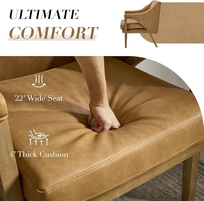 CIMOTA Mid Century Modern Accent Chair with Barrel Back, Upholstered Armchair Comfy Reading Chair with 4" Thick Cushion, Solid Wood Legs for Living Room/Bedroom/Reading Corner, PU Fabric, Brown