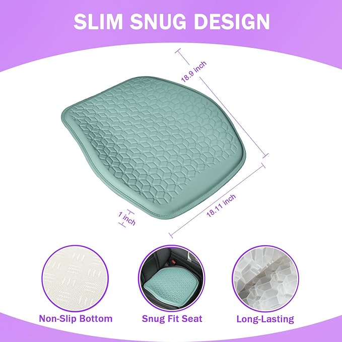 Binsheo Thin Gel Seat Cushion for Car Seat, Office Chair, Wheelchair, Golf Cart - Non-Slip Car Seat Cushions with 0.7 Inch Gel - Sciatica & Coccyx Pain Relief (Leather, Green)