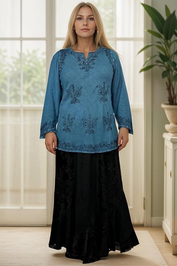 Agan Traders 2025 Winter Long Sleeve Diamond Neck Embroidered Tops - Medieval Boho Vintage Tunic Kurta Blouses for Women
