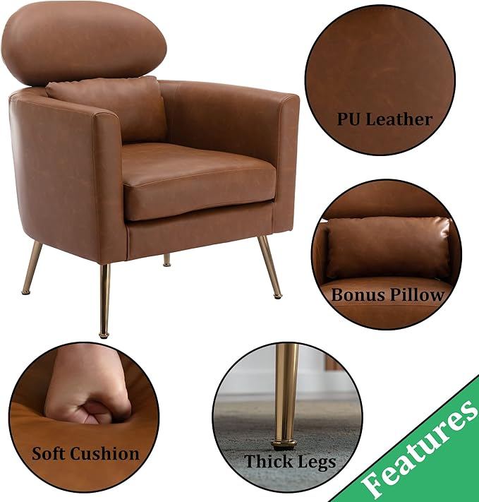DM Furniture Brown Accent Chair PU Leather Upholstered Living Room Chairs Mid Century Modern Arm Chair w/Golden Legs for Bedroom/Reading/Lounge/Reception