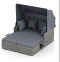 RELAX4LIFE Wicker Patio Outdoor Daybed, Rattan Day Bed Lounger w/Loveseat & Storage Ottoman, Sunbed Sofa Set w/Cushions, 4-Level Adjustable Backrest & 2 Retractable Trays (Grey-Mix Grey)