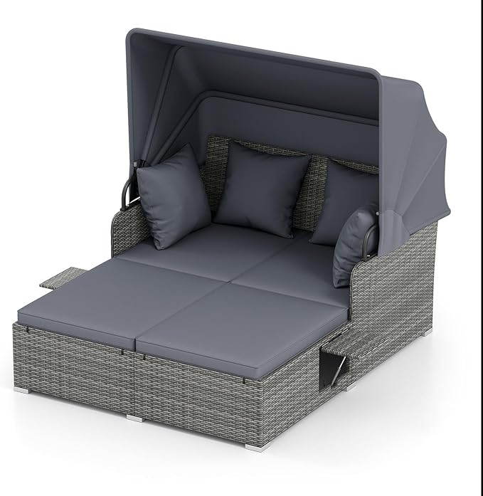 RELAX4LIFE Wicker Patio Outdoor Daybed, Rattan Day Bed Lounger w/Loveseat & Storage Ottoman, Sunbed Sofa Set w/Cushions, 4-Level Adjustable Backrest & 2 Retractable Trays (Grey-Mix Grey)