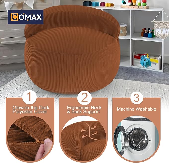 COMAX Bean Bag Chair for Kids, Convertible Toddler Beanbag Bed Corduroy, Children Bean Chair Stuffed to Floor Mattress with Filler, Orange