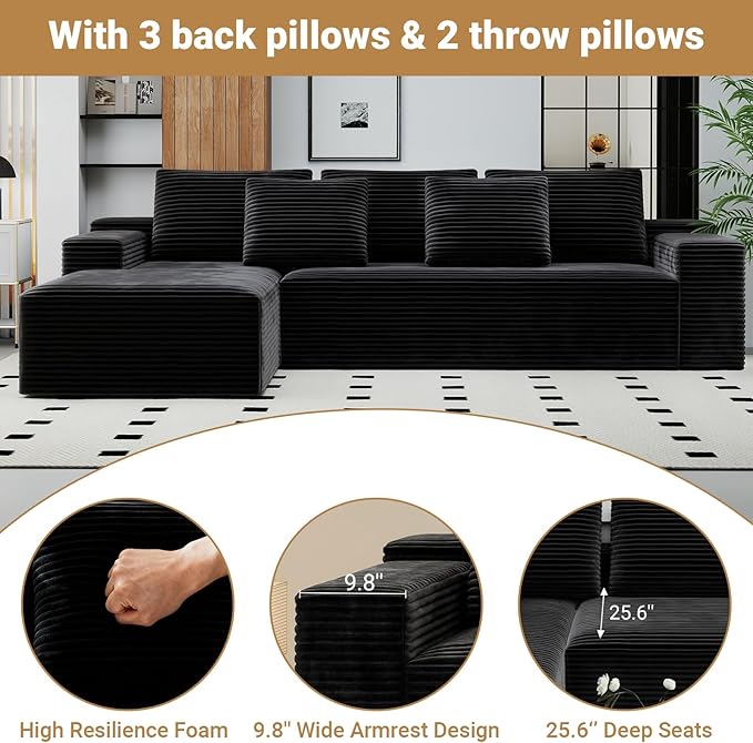KAPEETOO Modular Sectional Sofa Cloud Couch with Chaise Longue, Left L Shaped Boneless Couch with Deep Seat, Oversize 3-Seater Sofa L Shaped Set for Living Room Bedroom (Black)