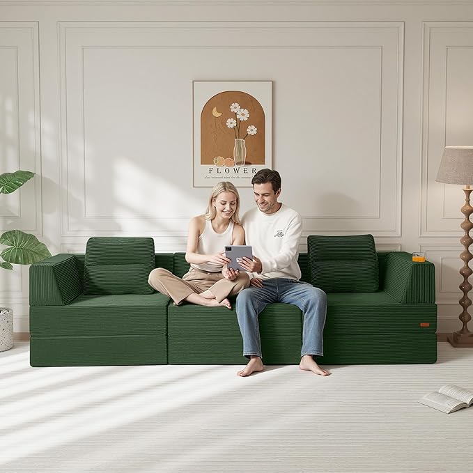 COMAX Futon Sofa Bed 3 Seater, 106" Convertible Sofa Bed Couches for Living Room, 4 in 1 Folding Boneless Sleeper Corduroy Couch Foam in a Box, Comfy Foldable Lounge Fold Out Floor Mattress, Green