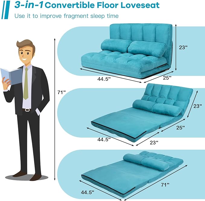 KOMFOTT Adjustable Floor Sofa Bed, Foldable Lazy Sofa Sleeper with 6 Position Backrest & 2 Pillows, Convertible Futon Couch with Suede Cloth Cover, Lounge Recliner for Living Room