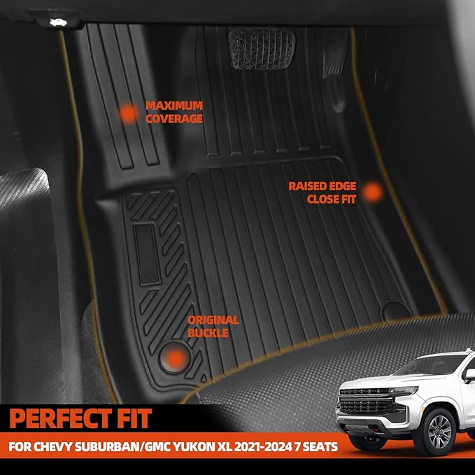 Floor Mats Fit for Chevy Suburban/GMC Yukon XL 2021-2024 7 Seats 2nd Row Bench Seat Trunk Mat & 2nd/3rd Backrest Mats Replacement All Weather for Chevrolet Suburban Floor Liner Accessories