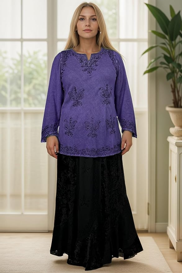 Agan Traders 2025 Winter Long Sleeve Diamond Neck Embroidered Tops - Medieval Boho Vintage Tunic Kurta Blouses for Women
