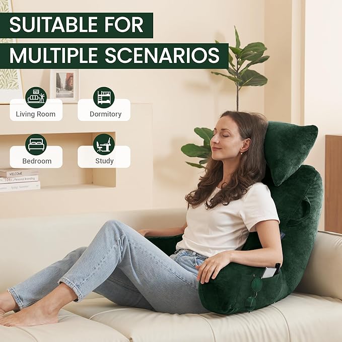 Unisakey Portable Reading Pillows with Headrest for Bed Sitting Up(Dark Green Oeko-Tex), Velvet Back Pillow with Arms & Pockets for Adults, Support Memory Foam Bed Pillow for Dorm/Watching/Gaming