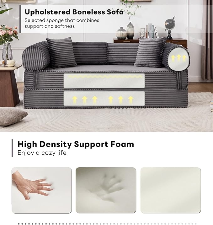 Tbfit 79'' Folding Boneless Couch, Oversized Corduroy Convertible Sofa Bed, Futon Mattress Sleeper Sofa, Comfy Foldable Upholstered Floor Couches for Living Room, Gray