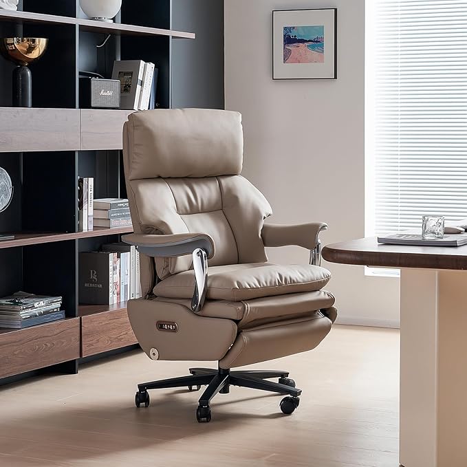EMIAH Ergonomic Office Chair with Foot Rest Electric Executive Office Chair Reclining with Massage Big and Tall High Back Computer Chair with Wheels, Sustainable Leather (Light Khaki)