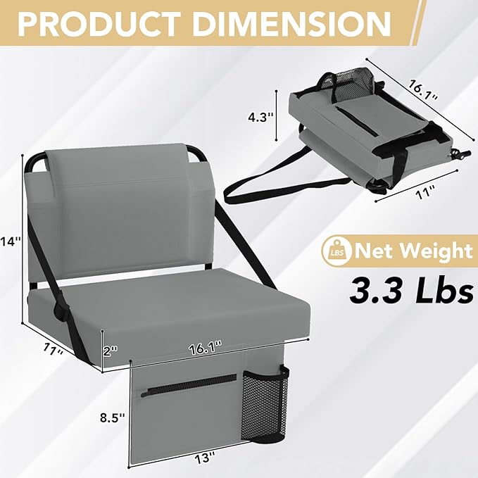 Stadium Seat 2 Pack for Bleachers with Back Support,Portable Bleacher Chairs with Back and Cushion，Grey