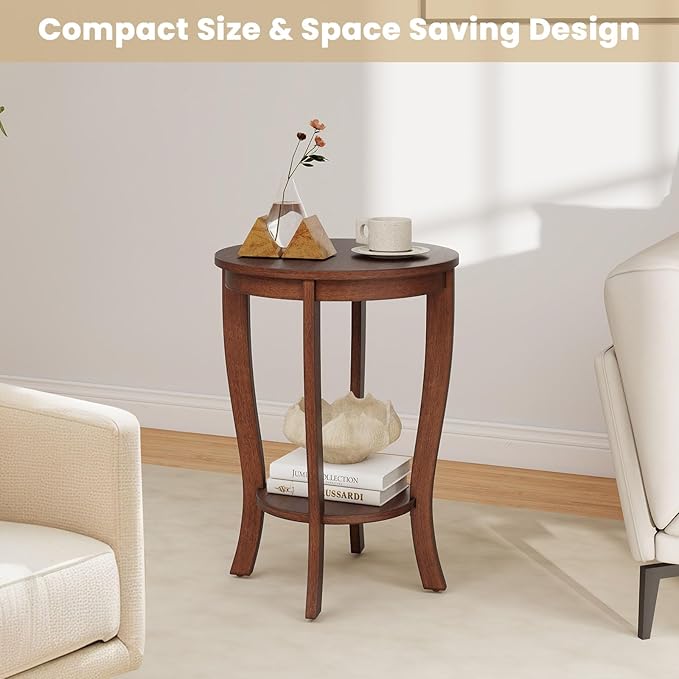 GOFLAME 2-Tier Round End Table, 18” Sofa Side Table with Storage Shelf, Floor Tea Table with Solid Wood Legs, Compact Nightstand for Small Space, Living Room, Bedroom, Walnut