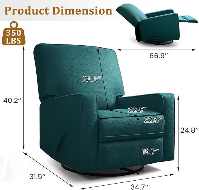 KeyEnergy Swivel Rocker Recliner Chair for Adults, High Back Fabric Recliner with Deep Seat, Manual Glider for Living Room & Nursery, Green