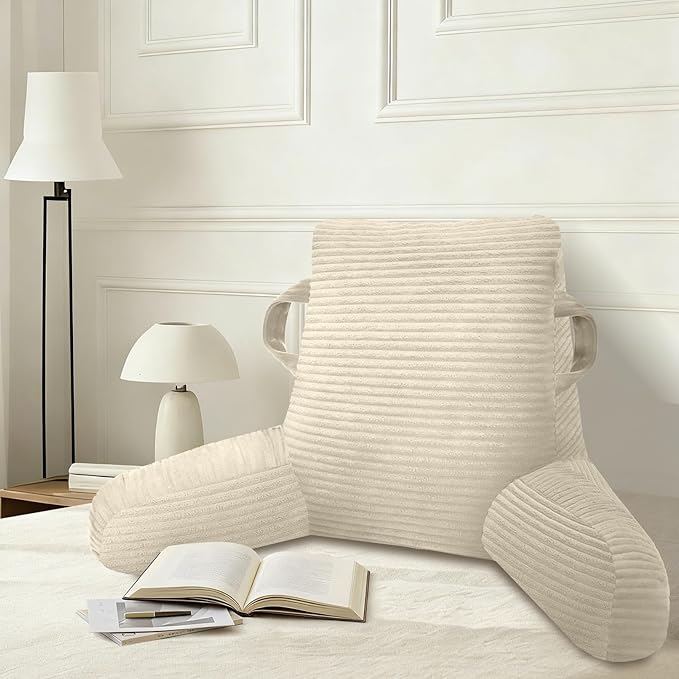 ABROLOY Reading Pillow for Sitting in Bed Adult, Bed Reading Pillow with Shredded Memory Foam, Back Pillow for Sitting with Arms and Pockets, Beige