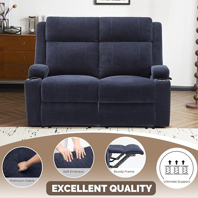 PALLOME Manual Reclining Loveseat Sofa, 2-Seater Recliner Couch with Cup Holders, Fabric Reclining Sofa for Living Room/RV (Blue)